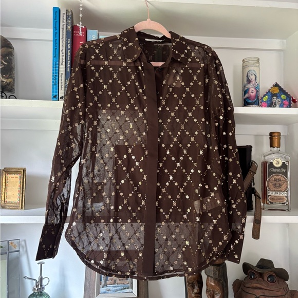 SCOTCH & SODA Gold Chocolate Brown Sequin Buttondown Shirt Sheer Anthro SZ XS - Picture 3 of 7